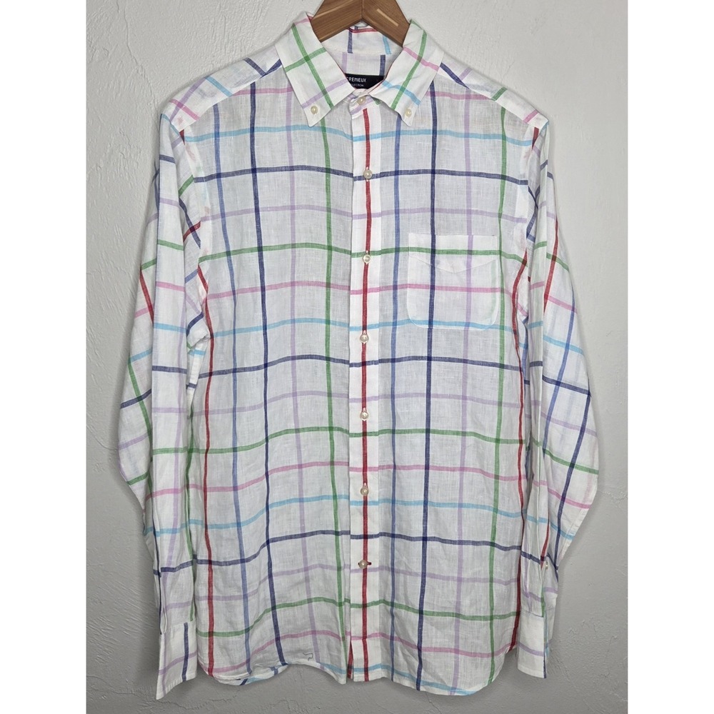 CREMIEUX Collection Men's Medium 100% Linen Long Sleeve Button Up Shirt Check